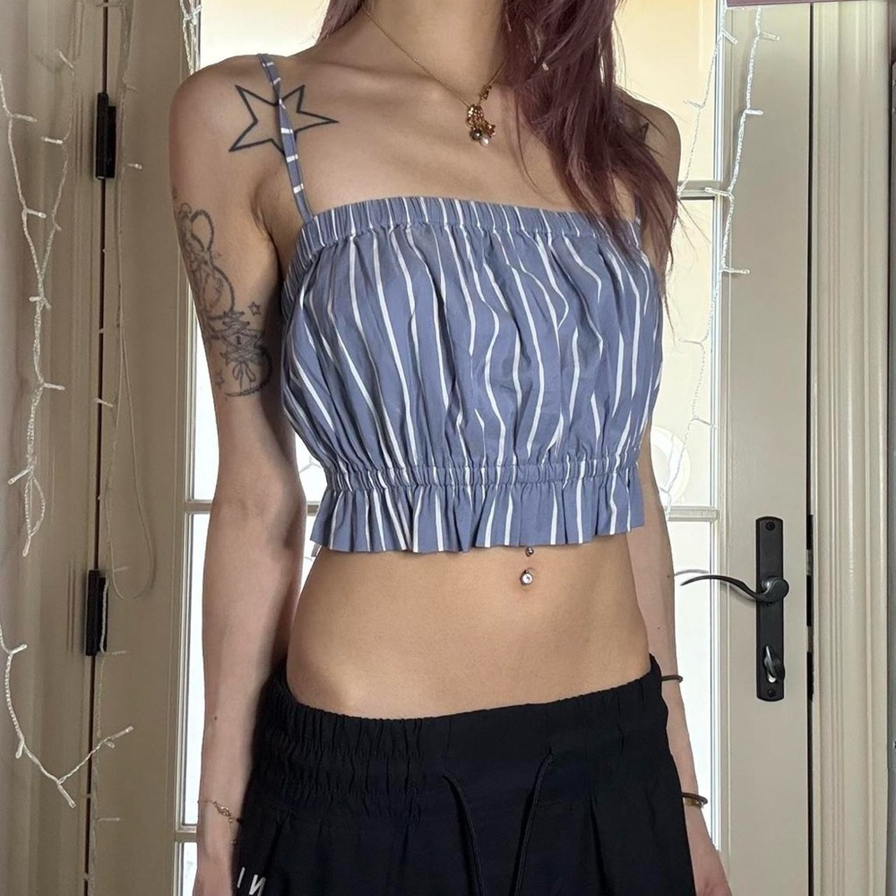 Small Urban Outfitters Kimchi Blue Blue Pinstripe Straight Neck Cropped Tank
